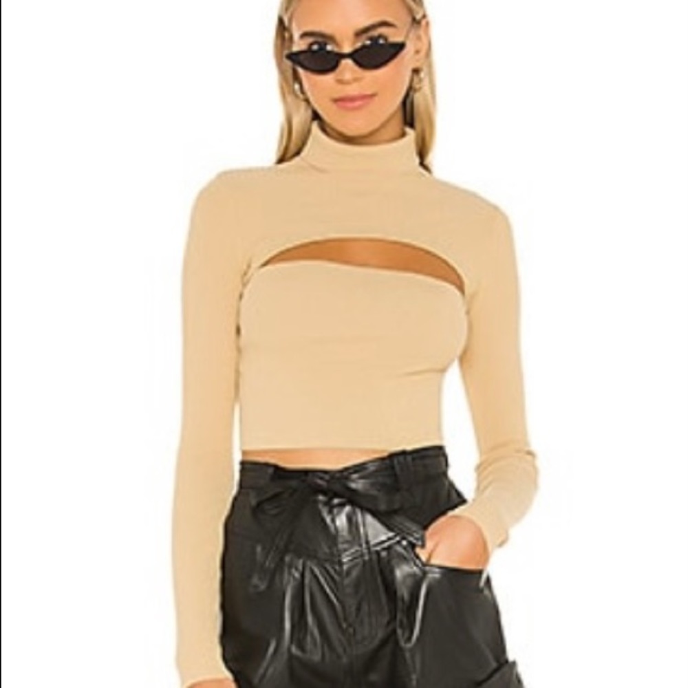Superdown cutout turtleneck cropped long sleeve nude beige